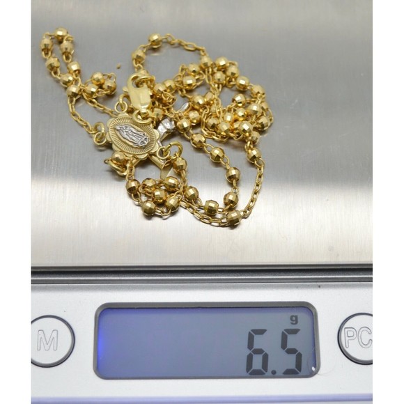 10k Solid Yellow Gold Colored Beads Rosary Virgin Mary Jesus Cross Necklace 17" - Picture 4 of 5